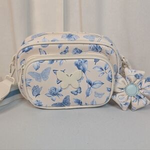 Luv Betsey Johnson Blue White Floral Butterfly Flower Charm Crossbody Bag
